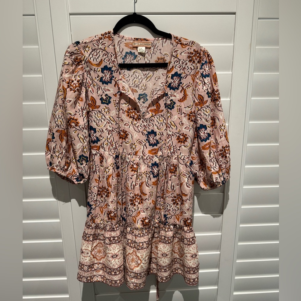 BOG Collective Mini Dress Tunic Puffed Sleeves Floral Peasant Festival Boho S.